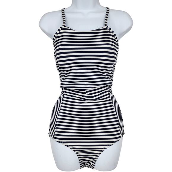 Albion The Weekender One Piece Striped Tie Back Navy Blue Swimsuit Size Small